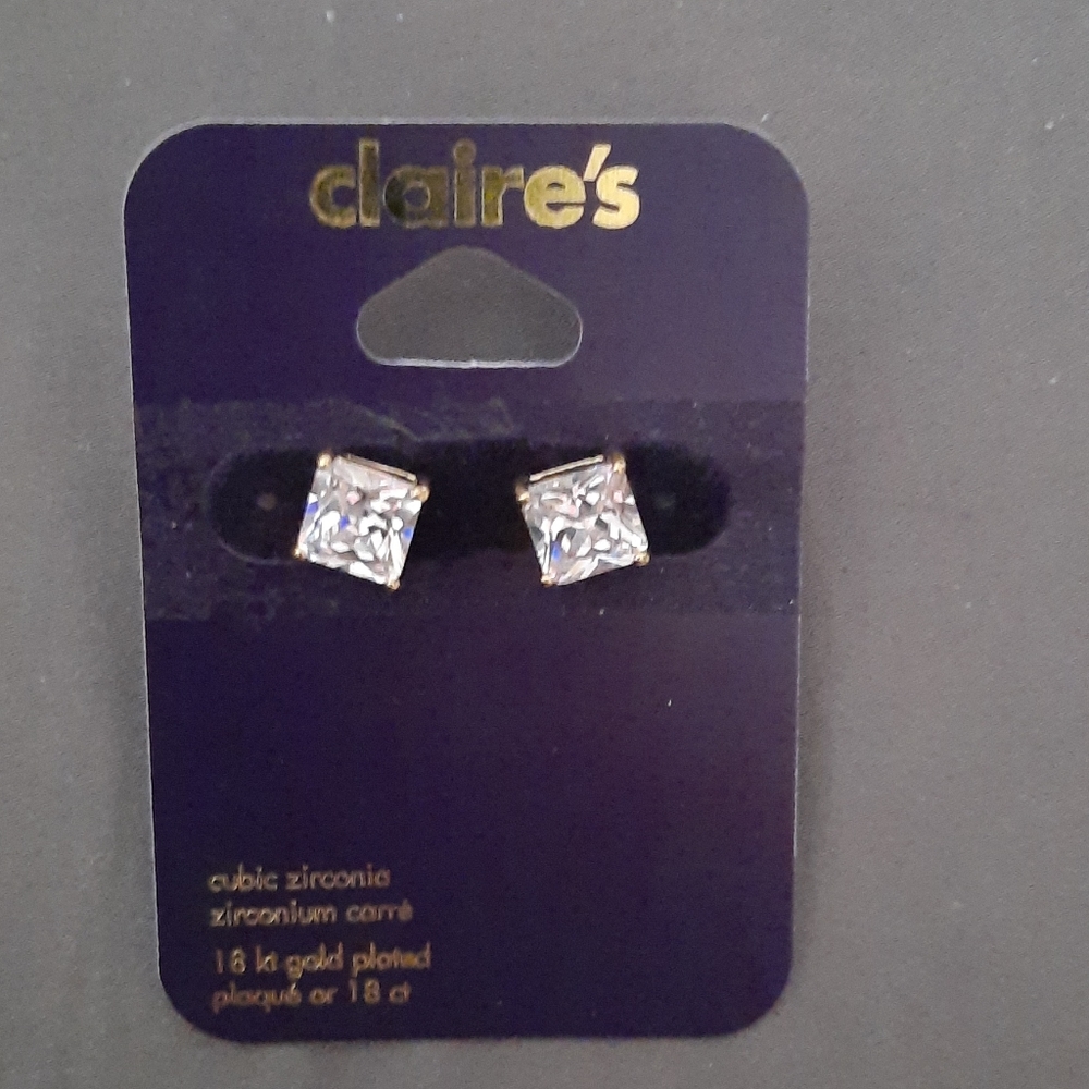 18kt Gold Plated Cubic Zirconia Square Stud Earrin